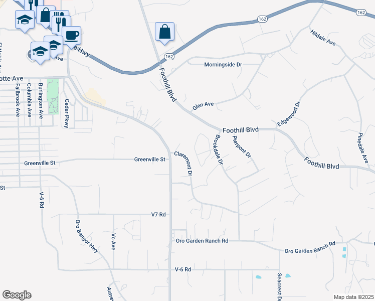 map of restaurants, bars, coffee shops, grocery stores, and more near 3127 Claremont Drive in Oroville