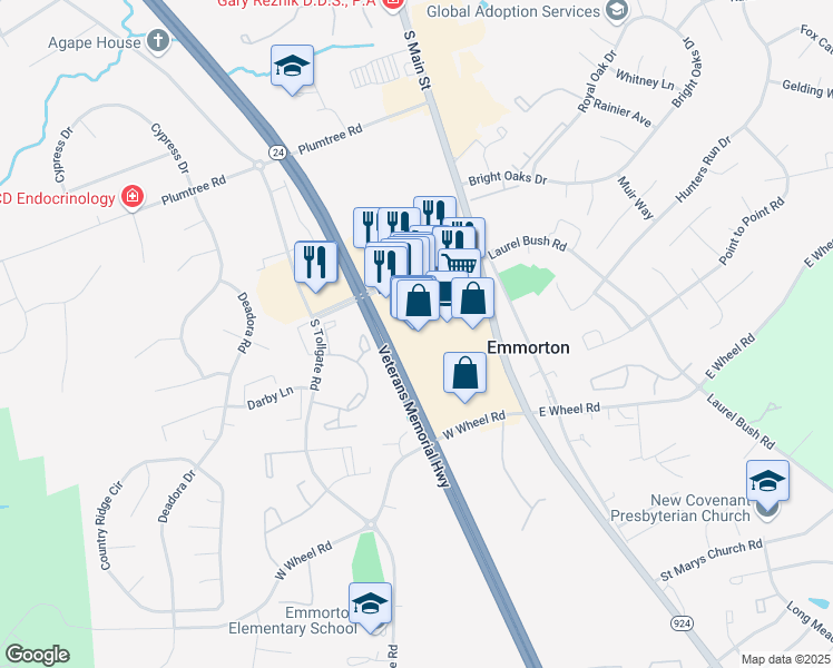 map of restaurants, bars, coffee shops, grocery stores, and more near 5 Bel Air South Parkway in Bel Air