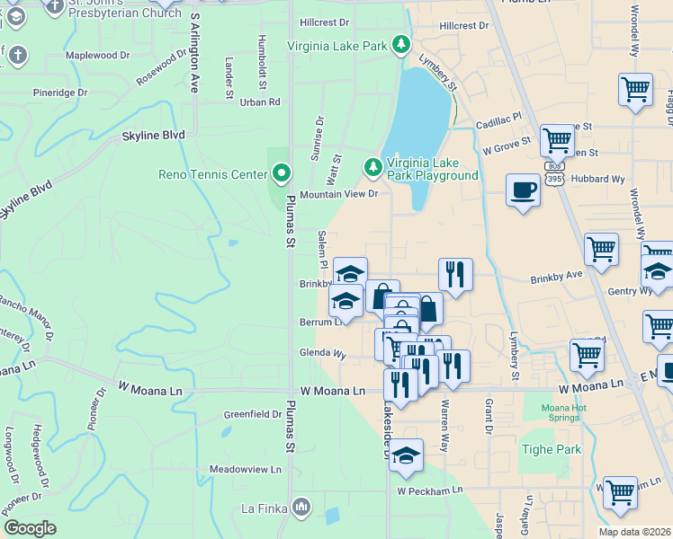 map of restaurants, bars, coffee shops, grocery stores, and more near 1200 Brinkby Avenue in Reno
