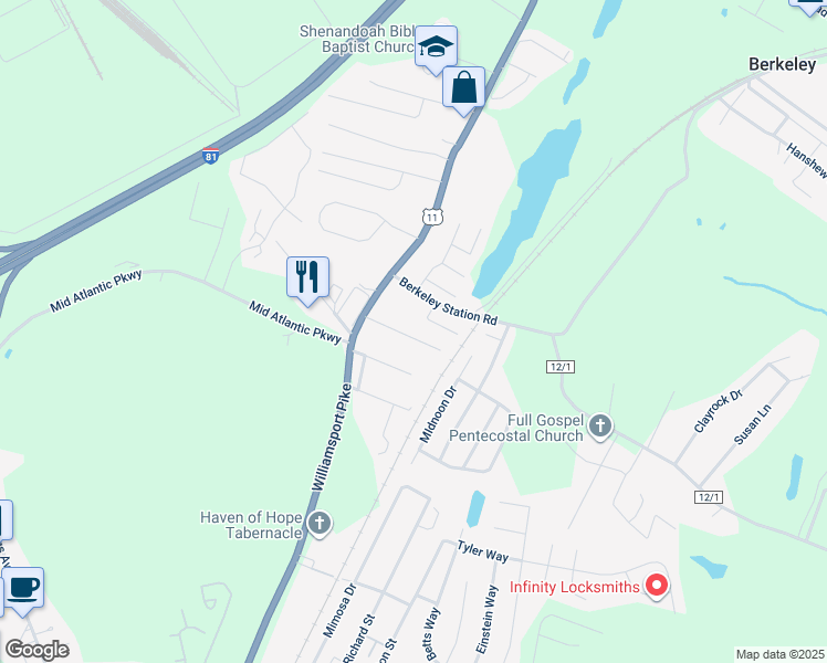 map of restaurants, bars, coffee shops, grocery stores, and more near 107 Rudolph Court in Martinsburg