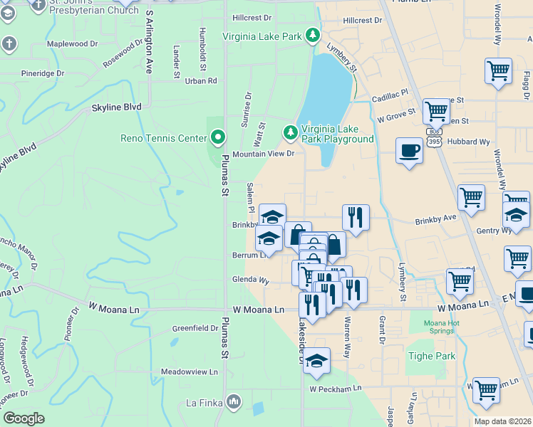 map of restaurants, bars, coffee shops, grocery stores, and more near 1057 Brinkby Avenue in Reno