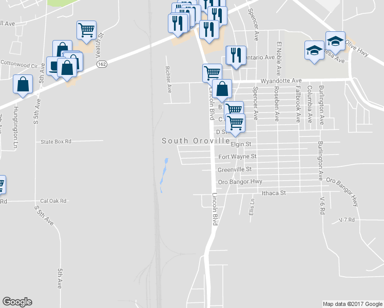 map of restaurants, bars, coffee shops, grocery stores, and more near 1790 Fort Wayne Street in Oroville