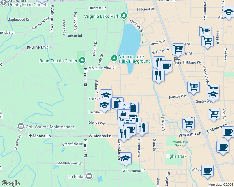 map of restaurants, bars, coffee shops, grocery stores, and more near 3095 Lakeside Drive in Reno