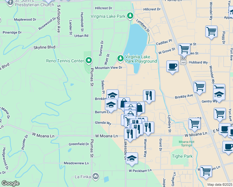 map of restaurants, bars, coffee shops, grocery stores, and more near 1057 Brinkby Avenue in Reno
