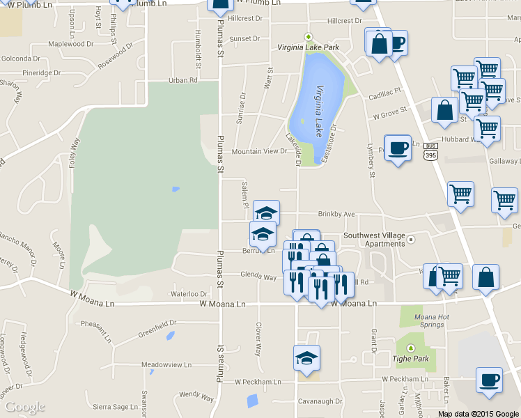 map of restaurants, bars, coffee shops, grocery stores, and more near 1057 Brinkby Avenue in Reno