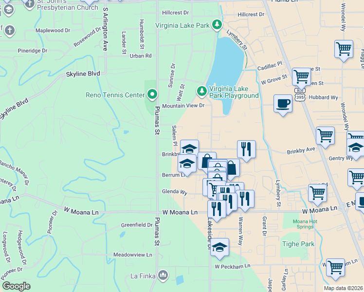 map of restaurants, bars, coffee shops, grocery stores, and more near 1200 Brinkby Avenue in Reno
