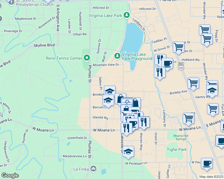 map of restaurants, bars, coffee shops, grocery stores, and more near 1025 Brinkby Avenue in Reno