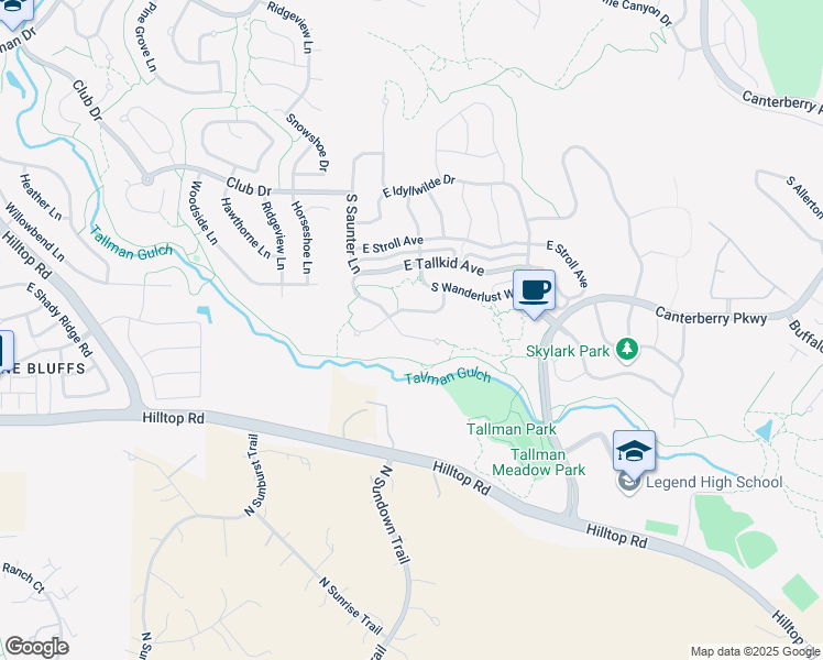 map of restaurants, bars, coffee shops, grocery stores, and more near 12164 South Tallkid Court in Parker