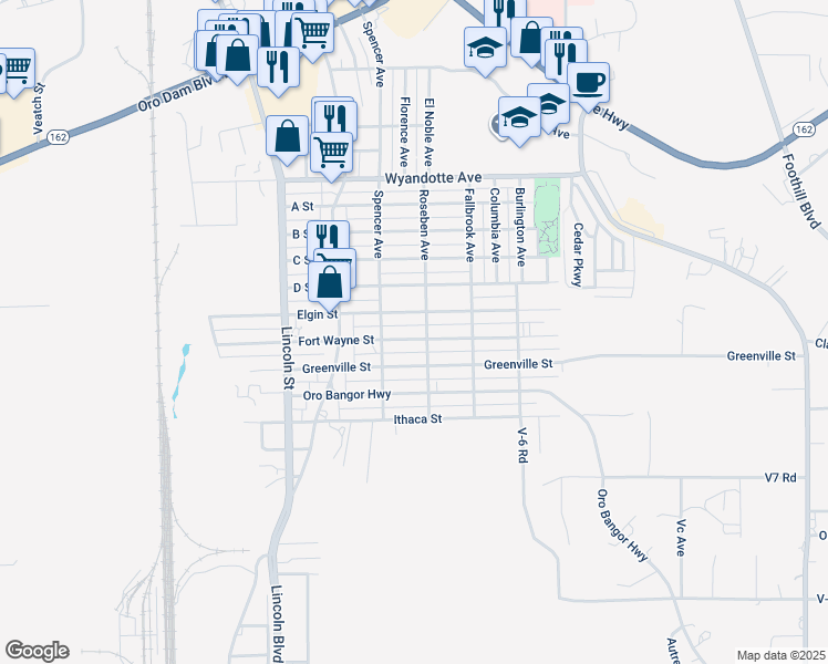 map of restaurants, bars, coffee shops, grocery stores, and more near 2340 Fort Wayne Street in Oroville