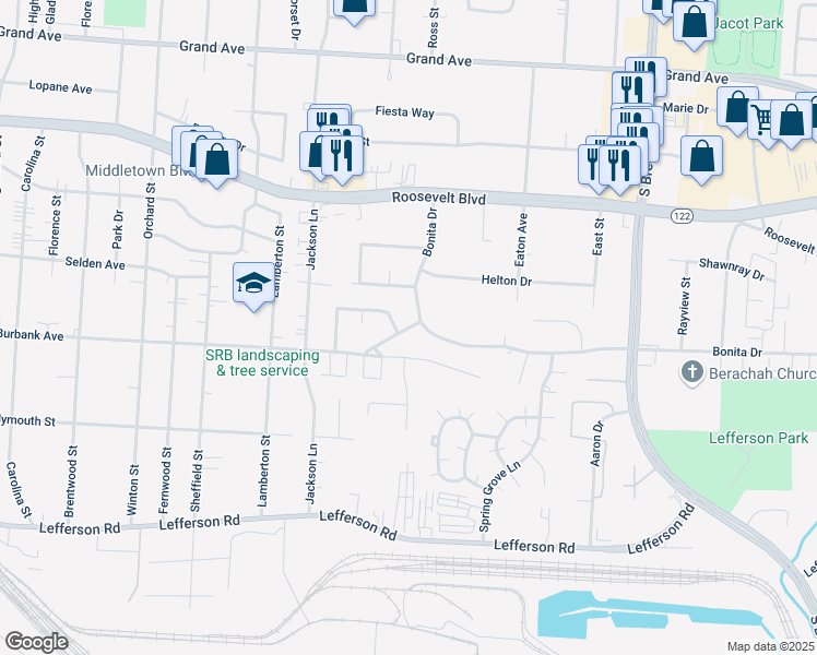 map of restaurants, bars, coffee shops, grocery stores, and more near 1716 Bonita Drive in Middletown