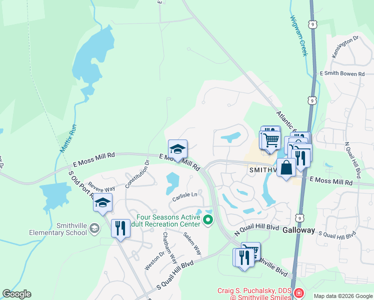 map of restaurants, bars, coffee shops, grocery stores, and more near 99 Equestrian Drive in Galloway
