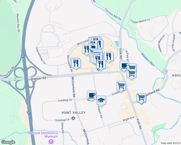 map of restaurants, bars, coffee shops, grocery stores, and more near 126 Shawan Road in Cockeysville