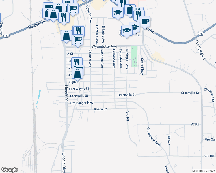 map of restaurants, bars, coffee shops, grocery stores, and more near 2492 Fort Wayne Street in Oroville