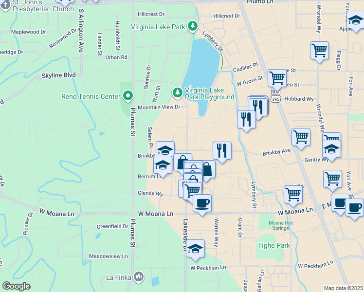 map of restaurants, bars, coffee shops, grocery stores, and more near 2955 Lakeside Drive in Reno