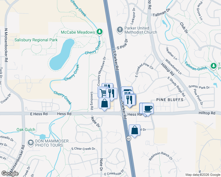 map of restaurants, bars, coffee shops, grocery stores, and more near 19806 Petersburg Court in Parker
