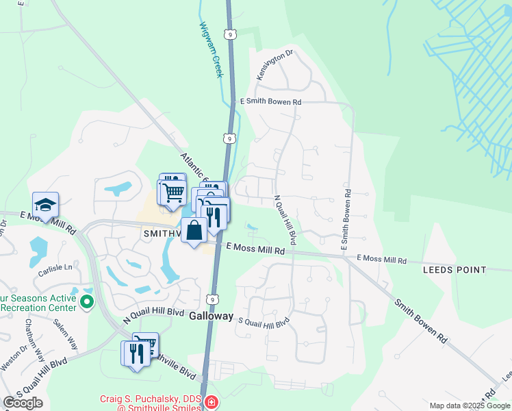 map of restaurants, bars, coffee shops, grocery stores, and more near 807 East Fishers Creek Road in Galloway