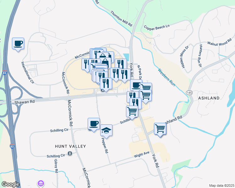 map of restaurants, bars, coffee shops, grocery stores, and more near 8 Shawan Road in Cockeysville