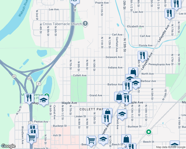 map of restaurants, bars, coffee shops, grocery stores, and more near 2430 North 10th Street in Terre Haute