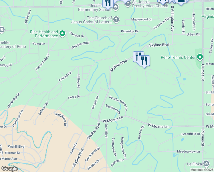 map of restaurants, bars, coffee shops, grocery stores, and more near 80 Skyline Circle in Reno