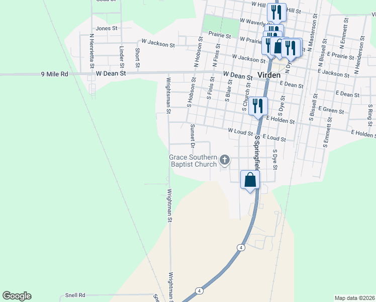 map of restaurants, bars, coffee shops, grocery stores, and more near 557 Meadow Lane in Virden