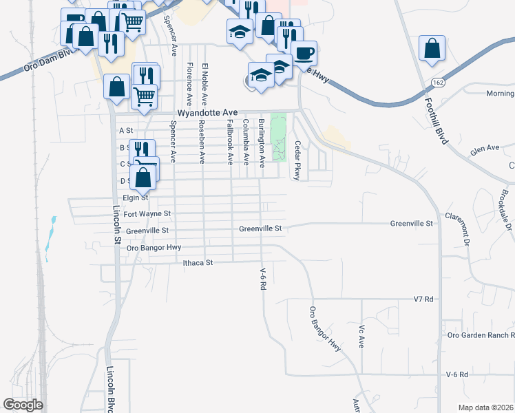 map of restaurants, bars, coffee shops, grocery stores, and more near 2770 Elgin Street in Oroville