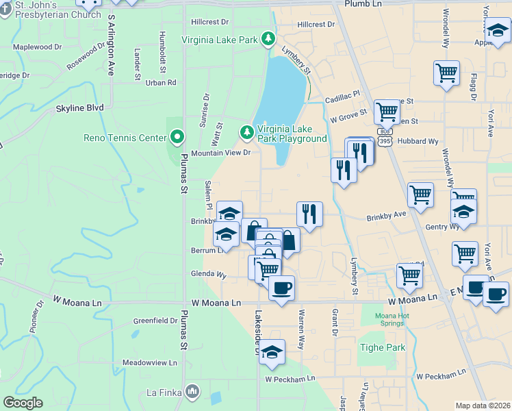 map of restaurants, bars, coffee shops, grocery stores, and more near 2955 Lakeside Drive in Reno