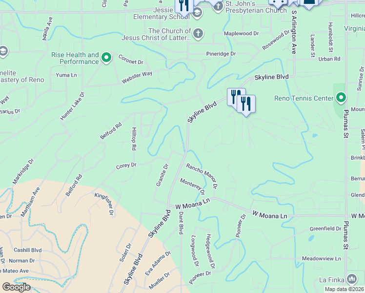 map of restaurants, bars, coffee shops, grocery stores, and more near 80 Skyline Circle in Reno