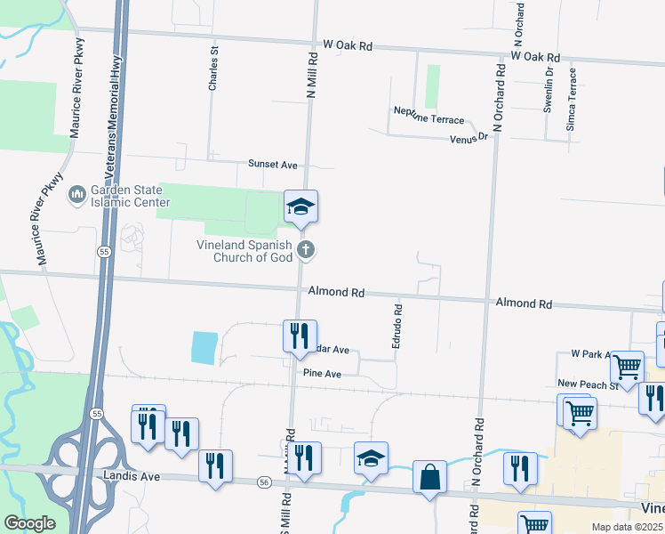 map of restaurants, bars, coffee shops, grocery stores, and more near 601 North Mill Road in Vineland