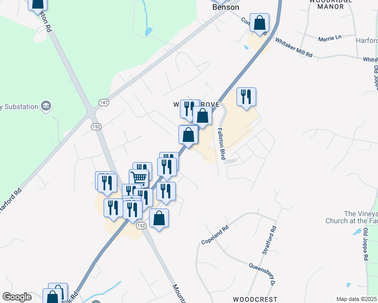 map of restaurants, bars, coffee shops, grocery stores, and more near 2101 Belair Road in Fallston