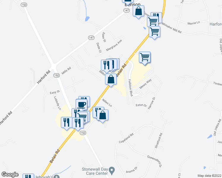 map of restaurants, bars, coffee shops, grocery stores, and more near 2101 Belair Road in Fallston
