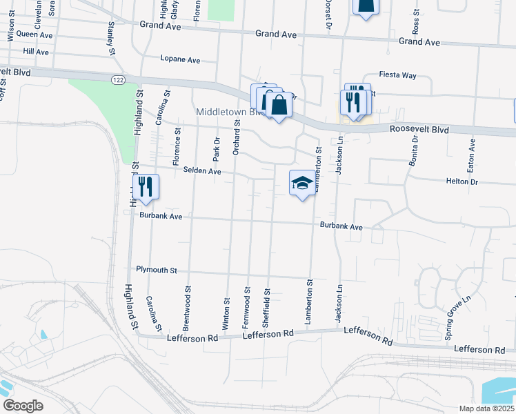 map of restaurants, bars, coffee shops, grocery stores, and more near 1811 Fernwood Street in Middletown