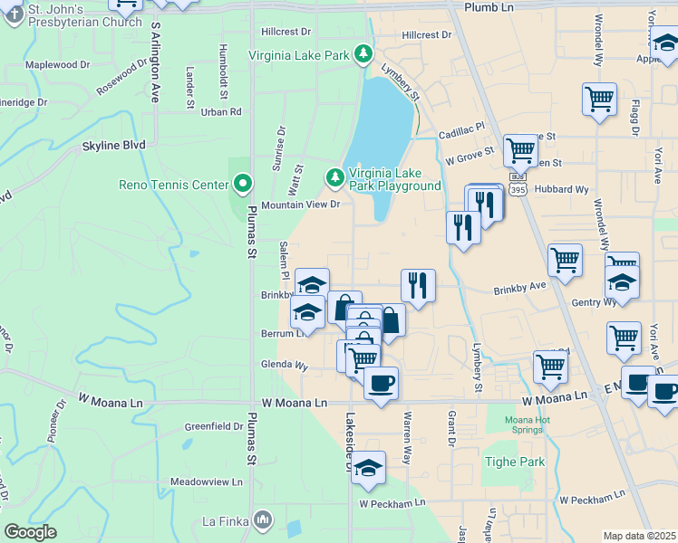 map of restaurants, bars, coffee shops, grocery stores, and more near 2955 Lakeside Drive in Reno