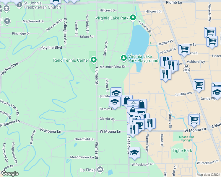 map of restaurants, bars, coffee shops, grocery stores, and more near 2908 Salem Place in Reno