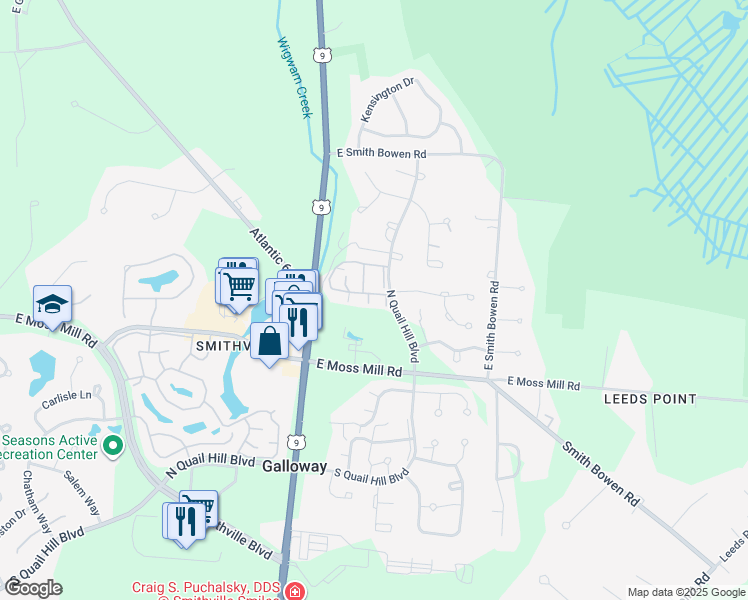 map of restaurants, bars, coffee shops, grocery stores, and more near 748 East Fishers Creek Road in Galloway
