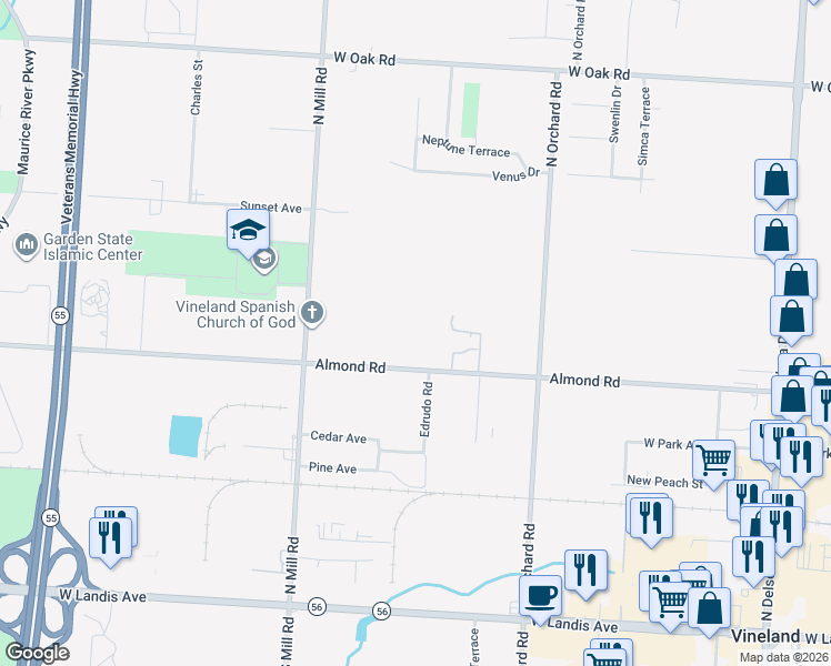 map of restaurants, bars, coffee shops, grocery stores, and more near 1690 Almond Road in Vineland