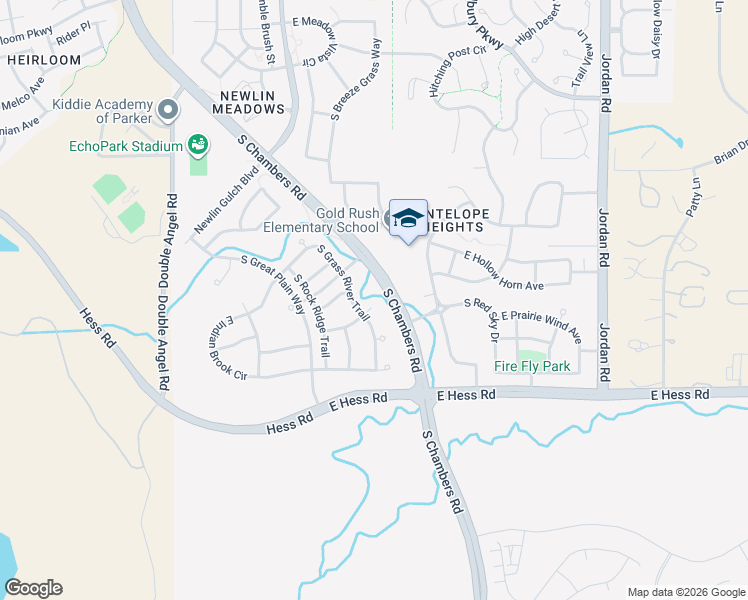 map of restaurants, bars, coffee shops, grocery stores, and more near 16057 East Flying Quail Lane in Parker