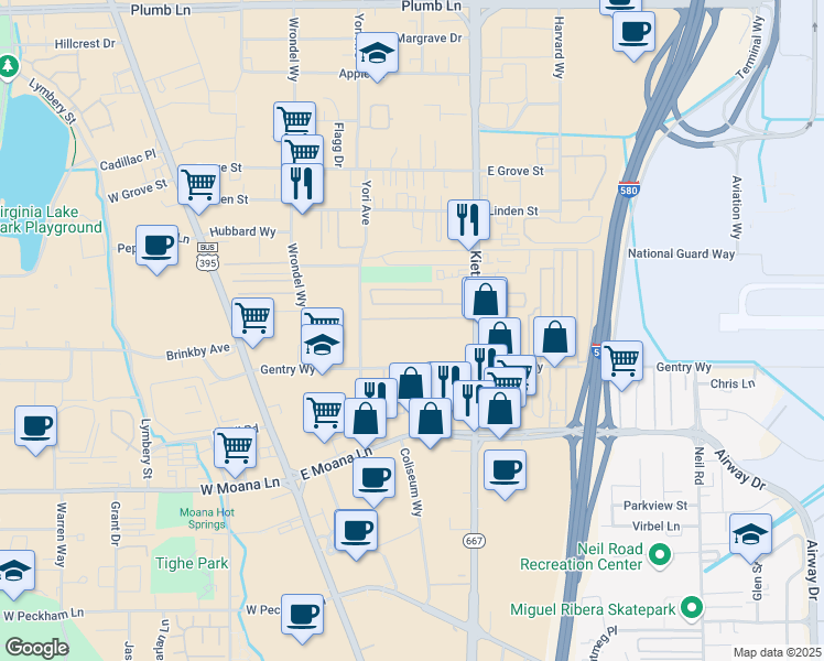 map of restaurants, bars, coffee shops, grocery stores, and more near 455 Gentry Way in Reno