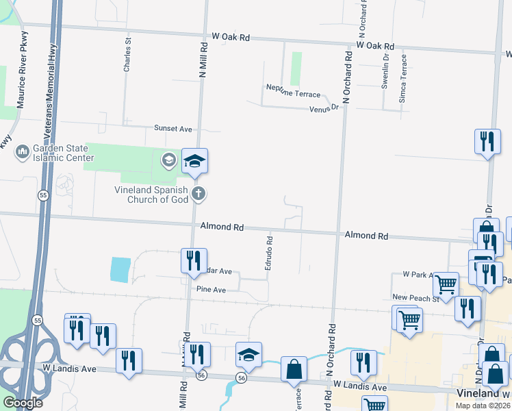 map of restaurants, bars, coffee shops, grocery stores, and more near 1690 Almond Road in Vineland