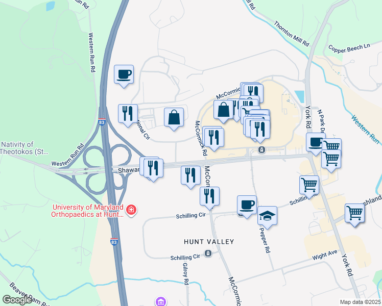 map of restaurants, bars, coffee shops, grocery stores, and more near 201 International Circle in Cockeysville