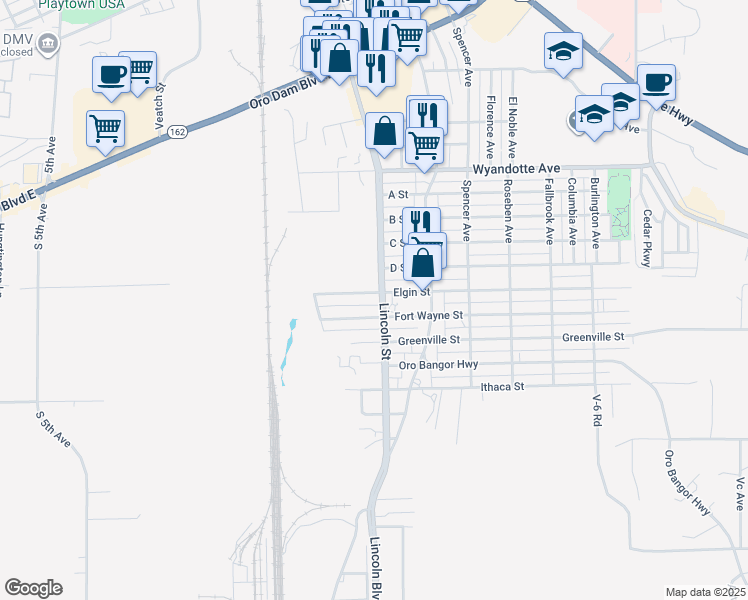 map of restaurants, bars, coffee shops, grocery stores, and more near 1865 Elgin Street in Oroville