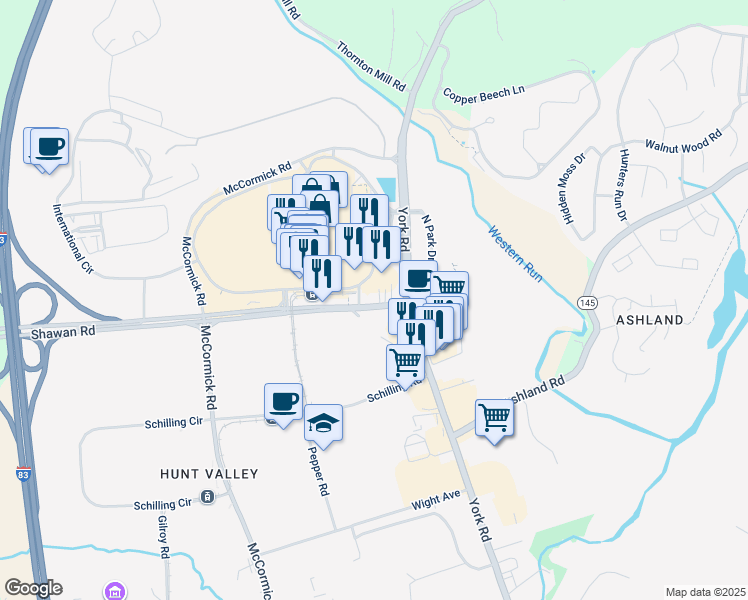 map of restaurants, bars, coffee shops, grocery stores, and more near 5 Shawan Road in Cockeysville