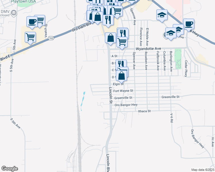 map of restaurants, bars, coffee shops, grocery stores, and more near 1865 Elgin Street in Oroville