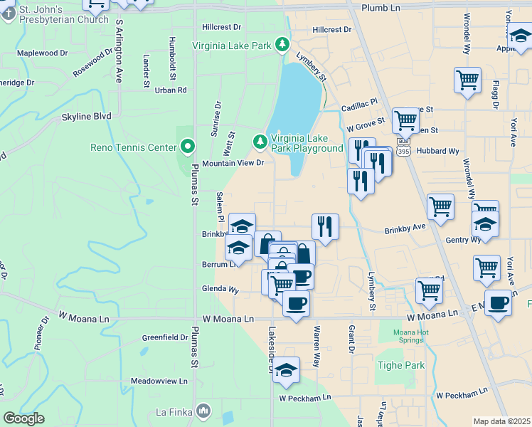 map of restaurants, bars, coffee shops, grocery stores, and more near 2955 Lakeside Drive in Reno