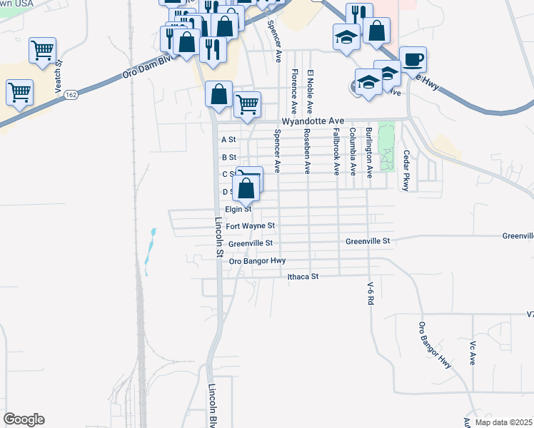 map of restaurants, bars, coffee shops, grocery stores, and more near 2074 Elgin Street in Oroville