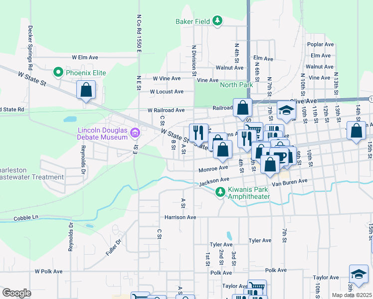 map of restaurants, bars, coffee shops, grocery stores, and more near 12-100 West State Street in Charleston