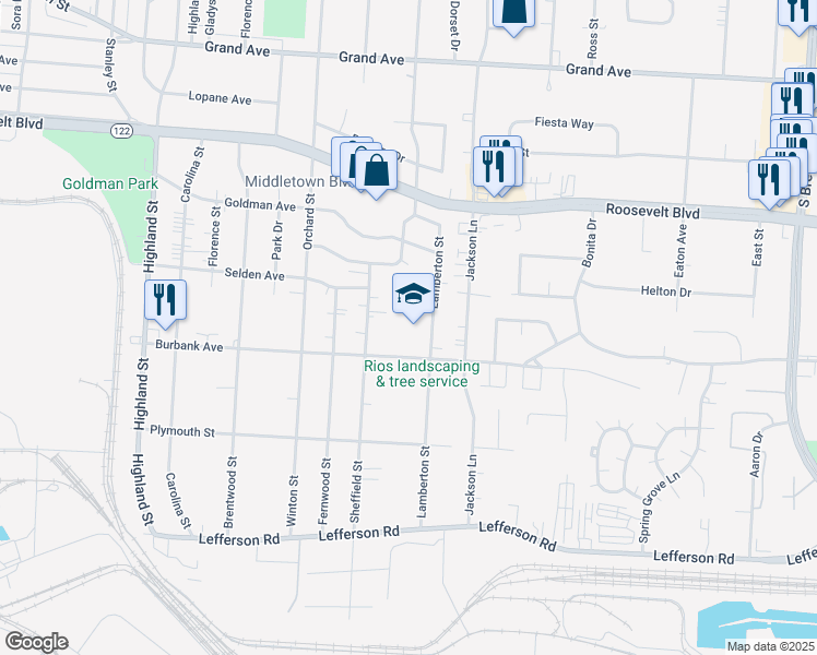 map of restaurants, bars, coffee shops, grocery stores, and more near 3325 Burbank Avenue in Middletown