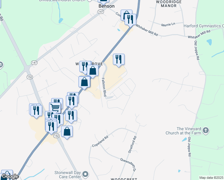 map of restaurants, bars, coffee shops, grocery stores, and more near 1756 Mews Way in Fallston