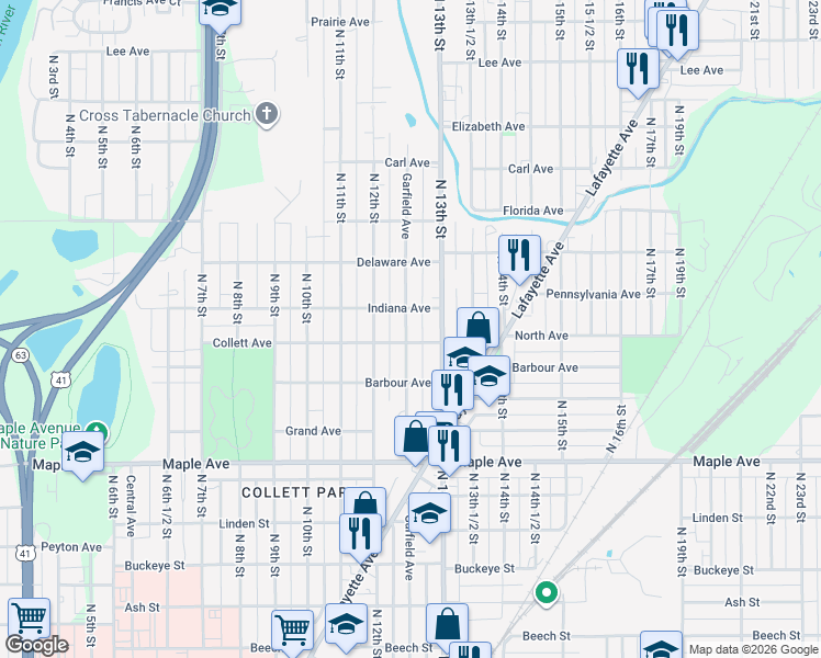 map of restaurants, bars, coffee shops, grocery stores, and more near 2415 Garfield Avenue in Terre Haute