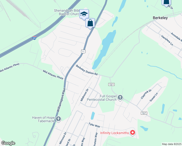 map of restaurants, bars, coffee shops, grocery stores, and more near 181 Berkeley Station Road in Martinsburg