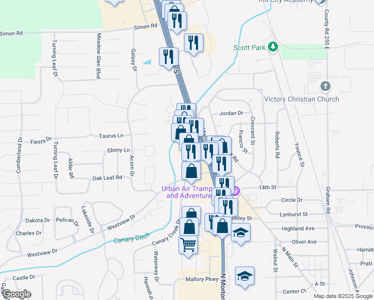 map of restaurants, bars, coffee shops, grocery stores, and more near Northwood Plaza in Franklin
